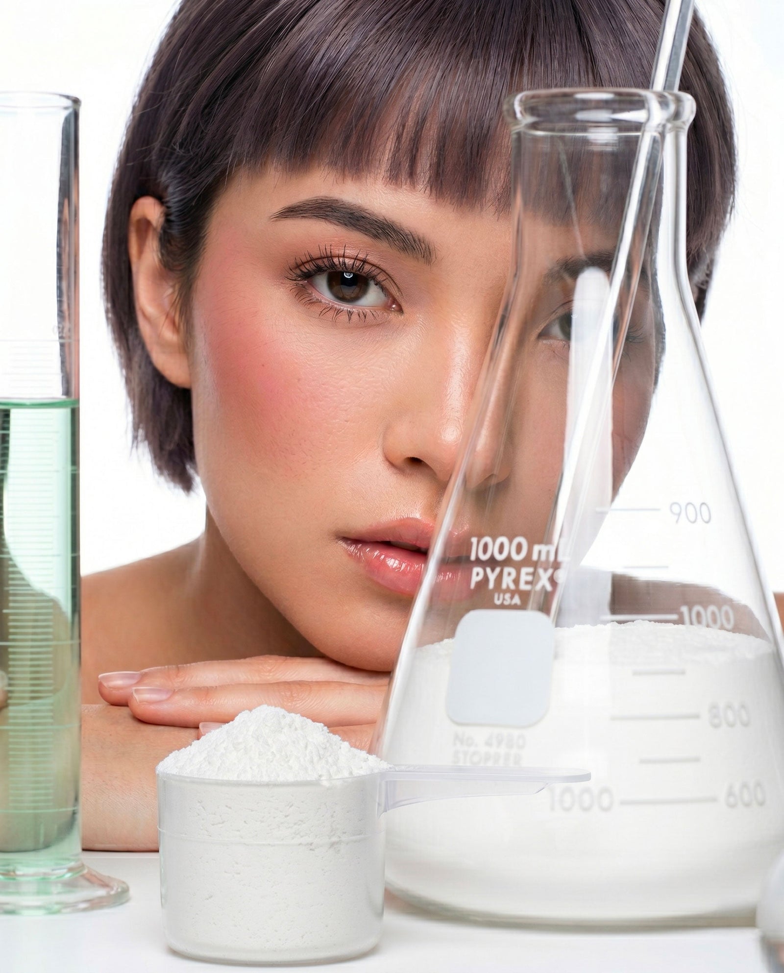 Close-up of a woman's face beside a beaker of creatine powder and a measuring scoop